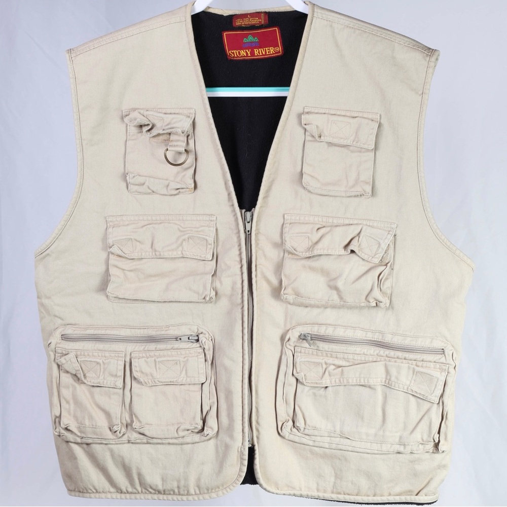 Vintage Stony River Multi Pocket Hiking/Fishing Vest Brown Fleece Lined Full Zip